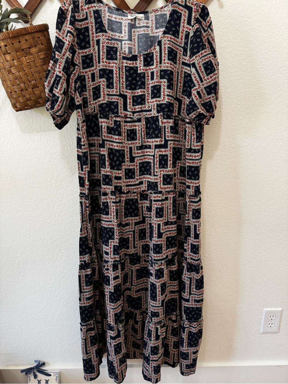 Natural Life Boho Patchwork boho cottagecore Print Maxi Dress Navy and Cream XL - Picture 1 of 4